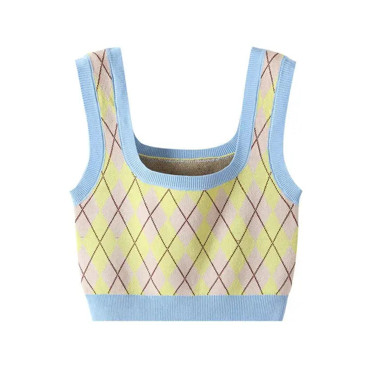 Diamond Plaid Knitted Vest Slim Fit Short Length