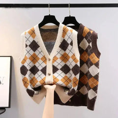 Diamond Plaid Vintage V-Neck Knitted Vest