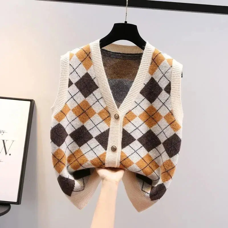 Diamond Plaid Vintage V-Neck Knitted Vest