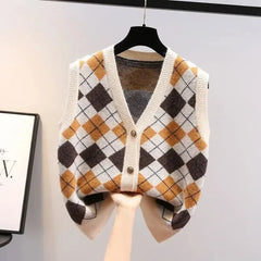 Diamond Plaid Vintage V-Neck Knitted Vest