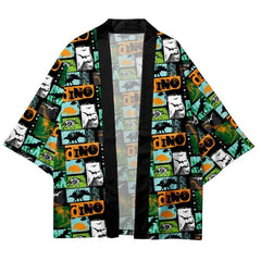 Dinosaur Cartoon Loose Kimono - Blue Green Orange / XXS