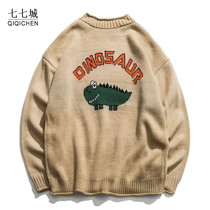 Dinosaur Knitted Oversize Sweatshirt for Casual Wear Black