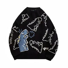 Dinosaur Oversized Cartoon Pullover Sweatshirt - Black / M