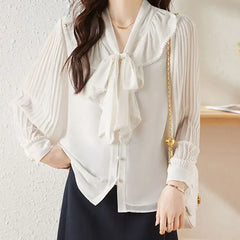 Distressed Bow Scarf Collar Ruffles Pleated Pearl Button