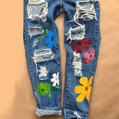 Distressed With Printed Flowers Pants - Deep Blue / S