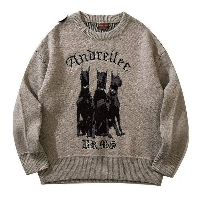 Doberman Oversize Knitted Sweater with Cartoon Design