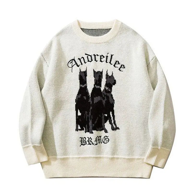 Doberman Oversize Knitted Sweater with Cartoon Design White