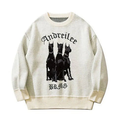 Doberman Oversize Knitted Sweater with Cartoon Design White