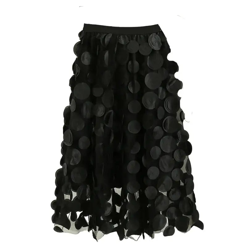 Dot Elastic High Waist Tulle Long Mesh Skirt - Black