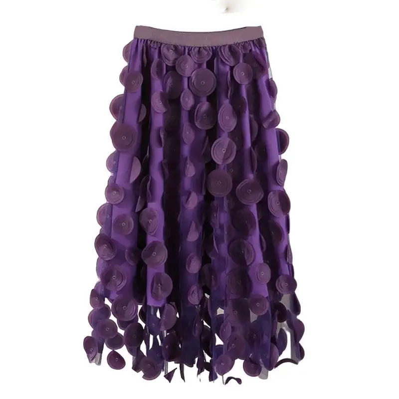 Dot Elastic High Waist Tulle Long Mesh Skirt - Dark Purple