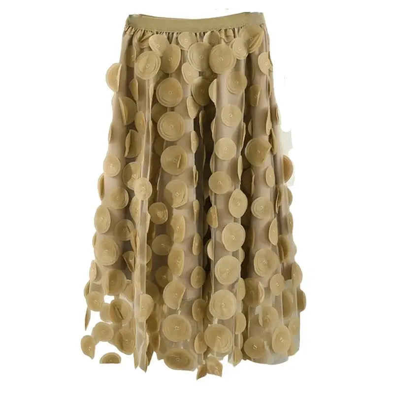 Dot Elastic High Waist Tulle Long Mesh Skirt - Light Khaki