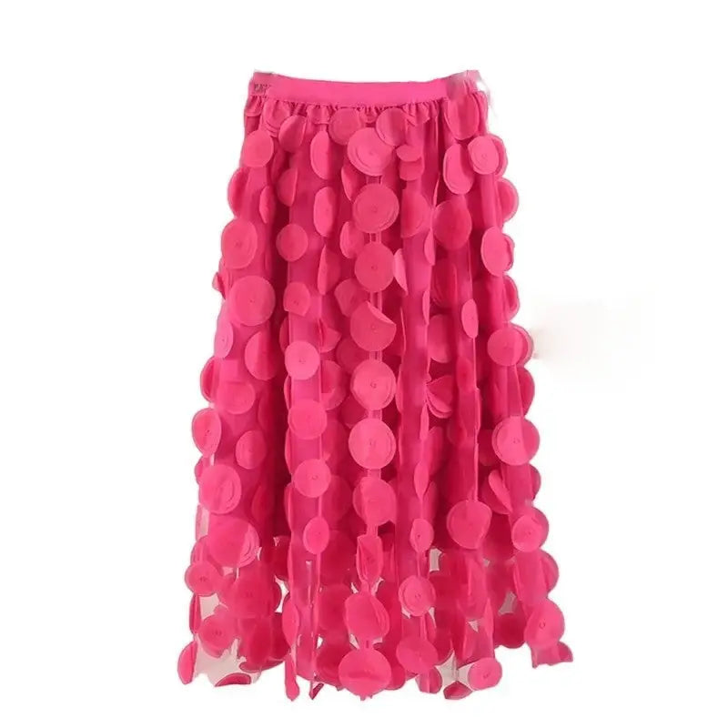 Dot Elastic High Waist Tulle Long Mesh Skirt - Pink