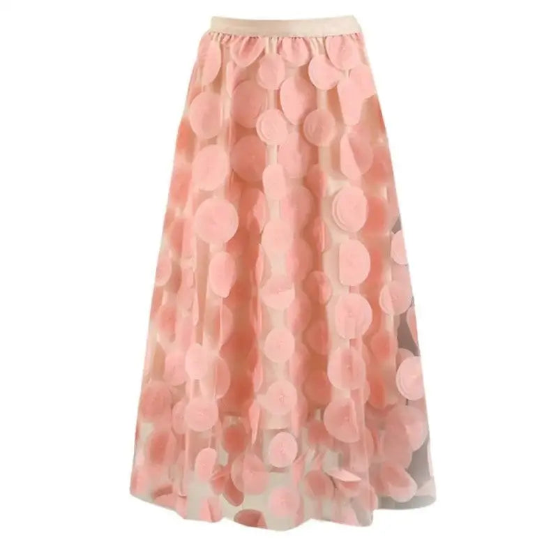 Dot Elastic High Waist Tulle Long Mesh Skirt - Rose