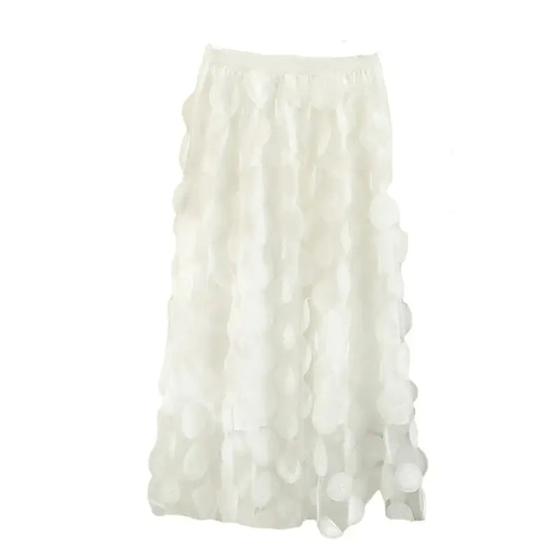 Dot Elastic High Waist Tulle Long Mesh Skirt - White
