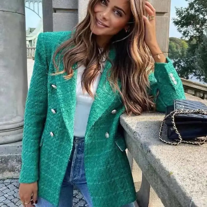 Double Breasted Houndstooth Long Sleeve Blazer