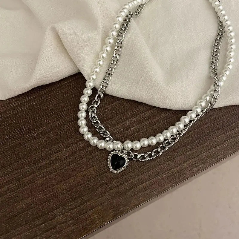 Double Layer Necklace with Pearl Pendant and Heart Charm