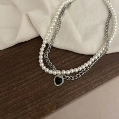Double Layer Necklace with Pearl Pendant and Heart Charm