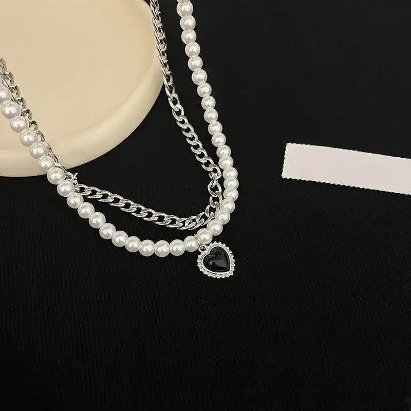 Double Layer Necklace with Pearl Pendant and Heart Charm