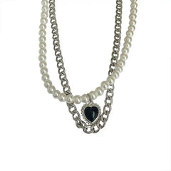 Double Layer Necklace with Pearl Pendant and Heart Charm