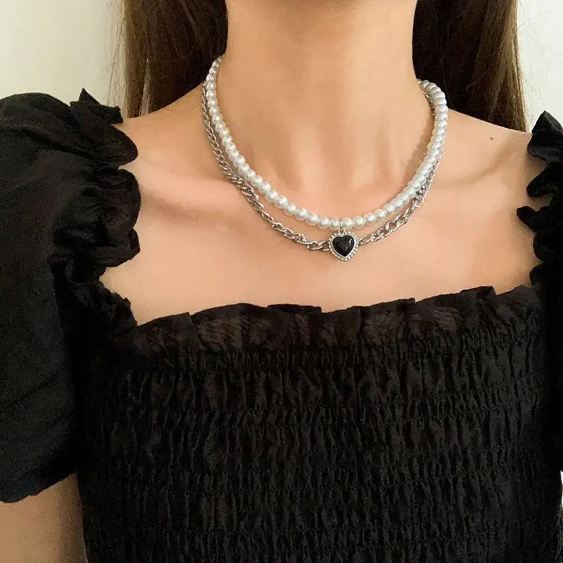 Double Layer Necklace with Pearl Pendant and Heart Charm