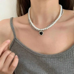 Double Layer Necklace with Pearl Pendant and Heart Charm