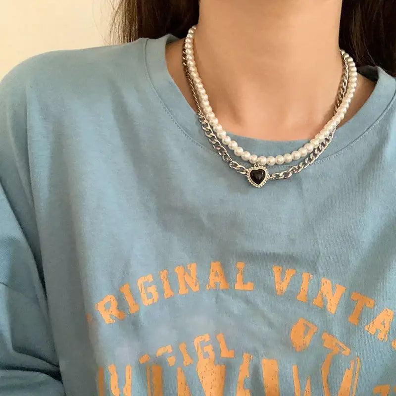 Double Layer Necklace with Pearl Pendant and Heart Charm