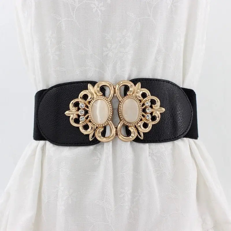 Double Opal Inlaid PU- Elastic Waistband Belt