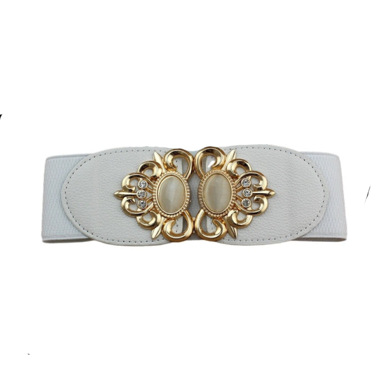 Double Opal Inlaid PU- Elastic Waistband Belt - White / 65cm