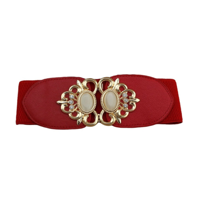Double Opal Inlaid PU- Elastic Waistband Belt - Red / 65cm
