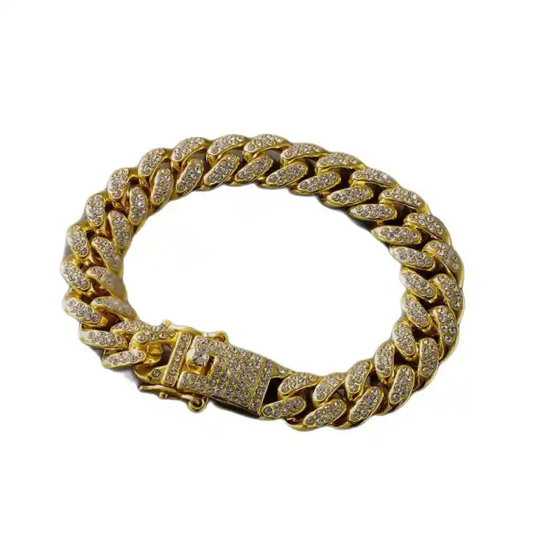 Double Row Rhinestone Cuban Link Chain Bracelet Gold