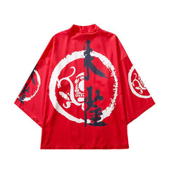 Dragon and Kanji Symbols 3/4 Sleeve Kimono - Red / XXL -