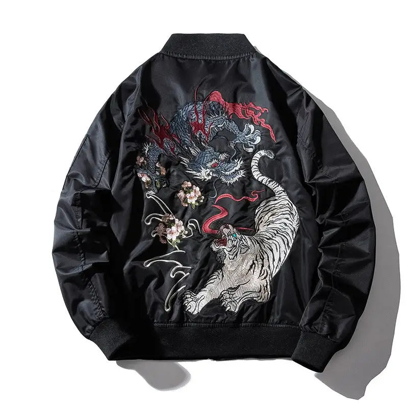 Dragon and Tiger Fight Embroidered Bomber Jacket - Black
