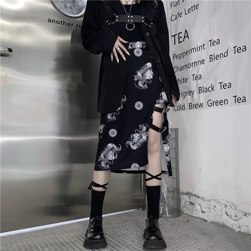 Dragon Asymmetrical Skirt With Belt Buckle