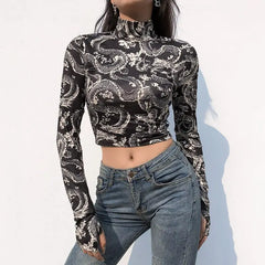 Dragon Long Sleeve Turtle Neck Crop-Top - Top