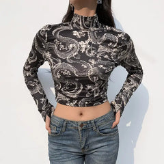 Dragon Long Sleeve Turtle Neck Crop-Top