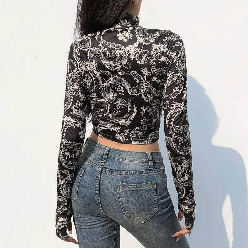 Dragon Long Sleeve Turtle Neck Crop-Top