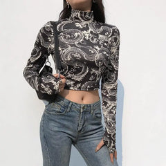 Dragon Long Sleeve Turtle Neck Crop-Top - Top