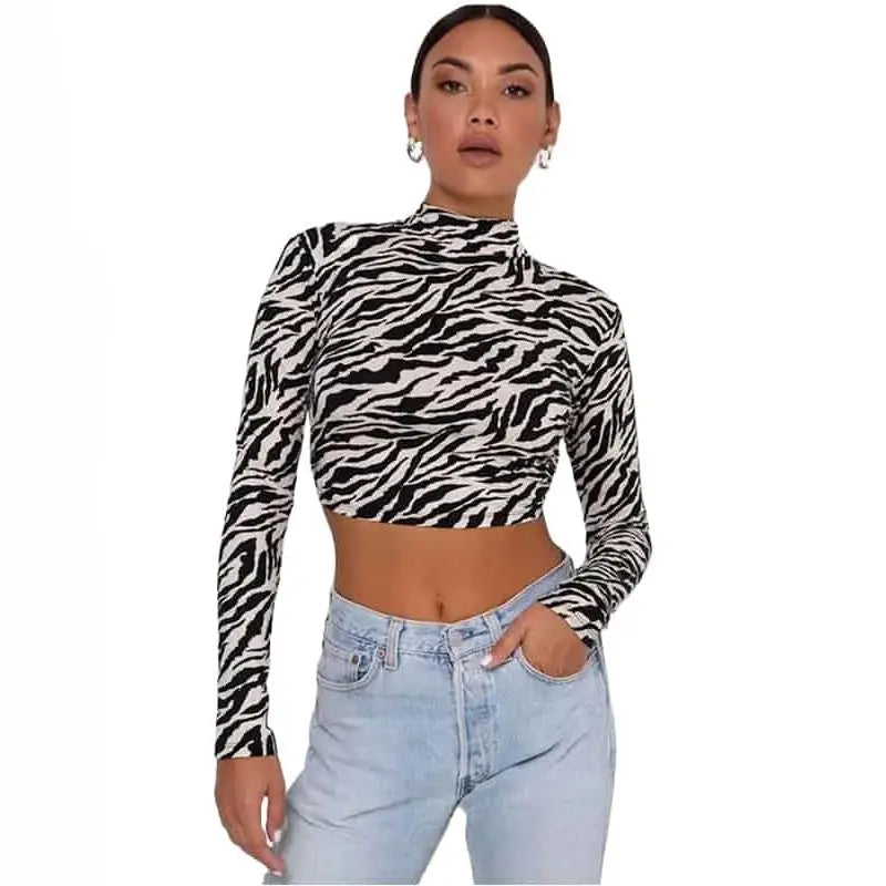 Dragon Printed Long Sleeve Backless Crop Top Black / S
