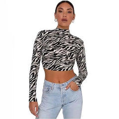 Dragon Printed Long Sleeve Backless Crop-Top - Black / S