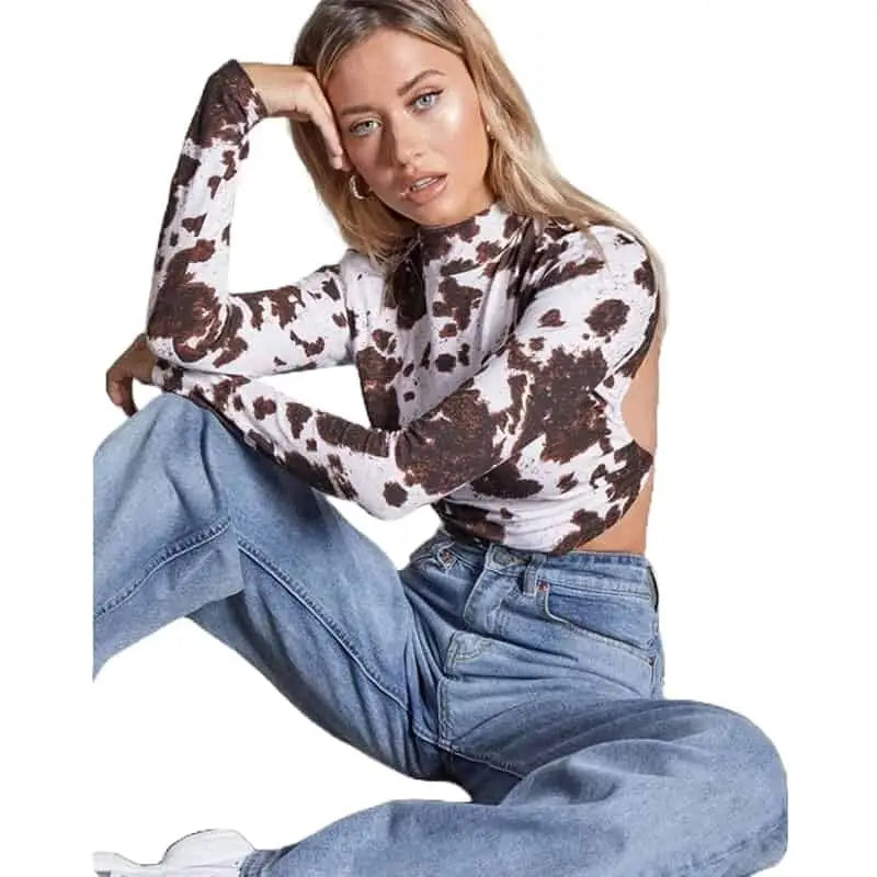 Dragon Printed Long Sleeve Backless Crop Top Brown / S