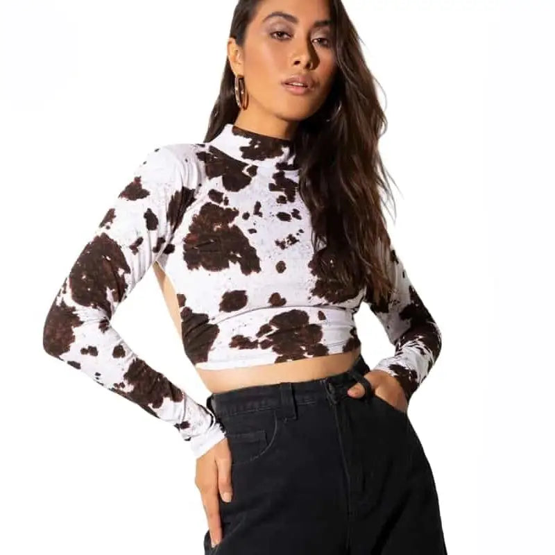 Dragon Printed Long Sleeve Backless Crop-Top - crop top