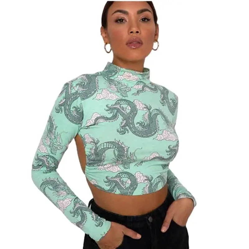 Dragon Printed Long Sleeve Backless Crop-Top - Green / S