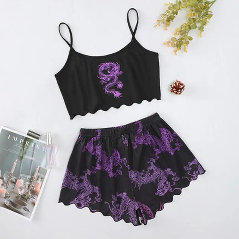 Dragon Sleeveless Terno Loungewear - Purple / S - short