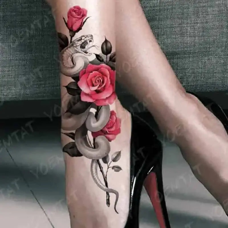 Dragon Snake Waterproof Temporary Tattoo Sticker - Red Rose