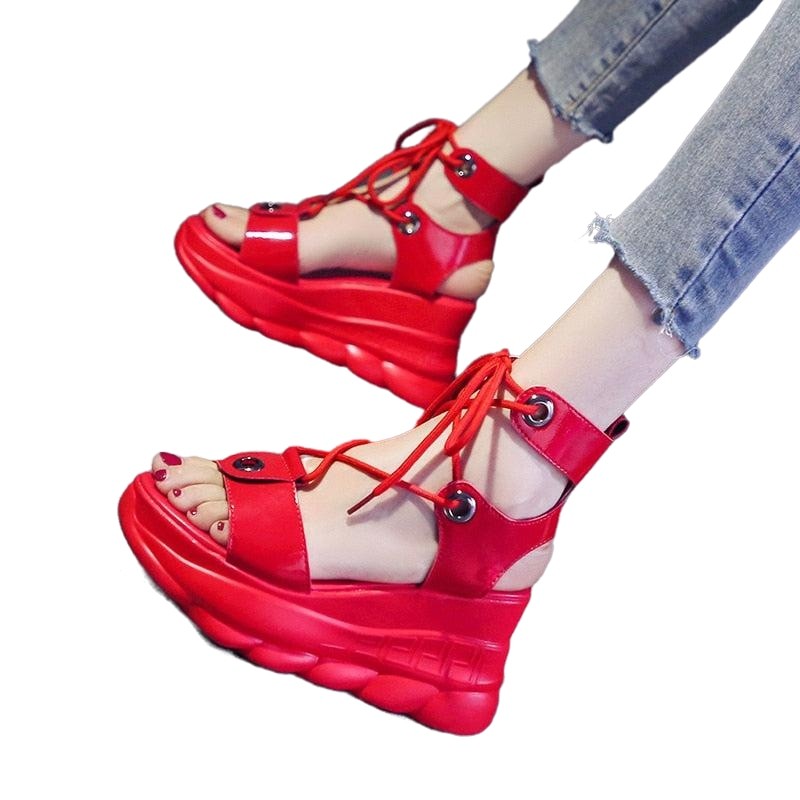 High Heels PU Leather Platform Sandals - Red / 34