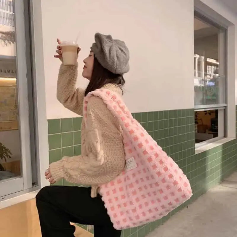 Eco Plaid Plush Shoulder Bags