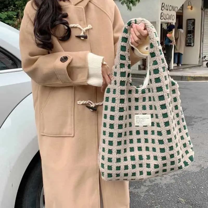 Eco Plaid Plush Shoulder Bags
