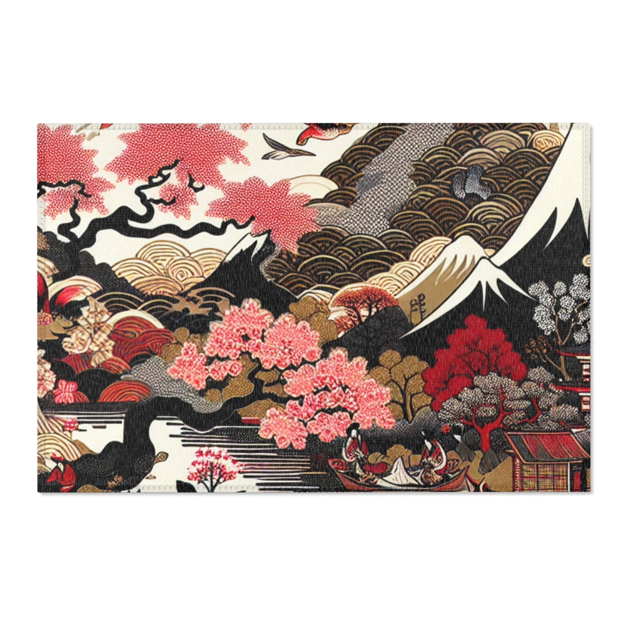 Edo Japan Detailed Area Rug with Intricate Landscape Design