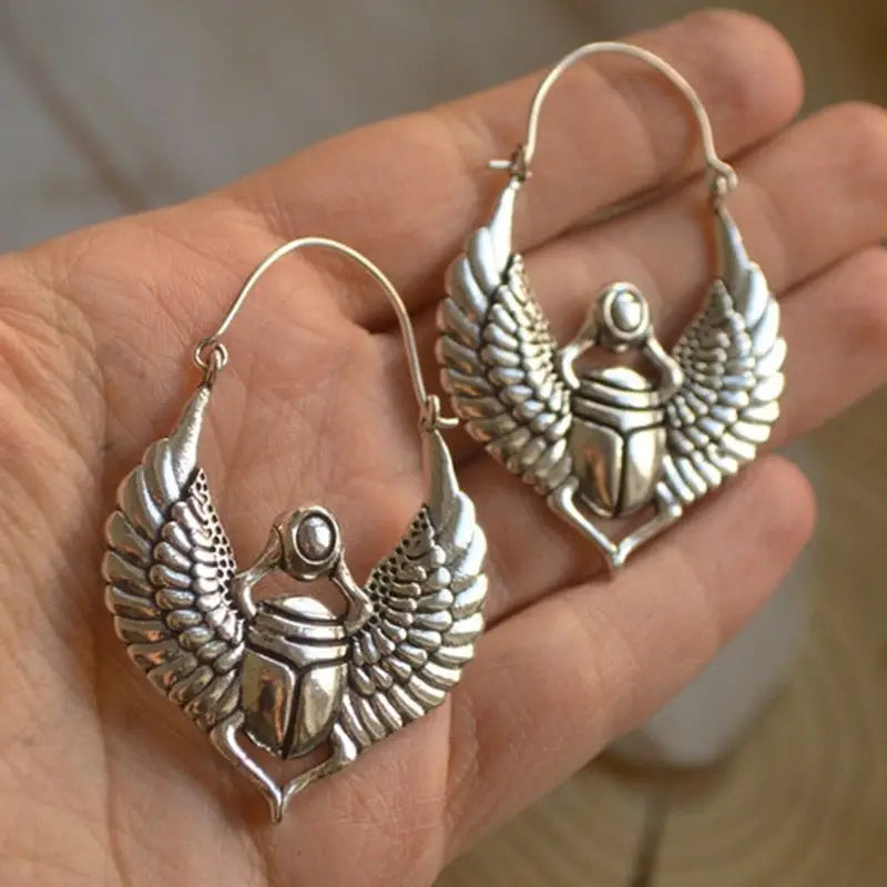 Egyptian Inspired Designs Large Hoop Earrings - Silver