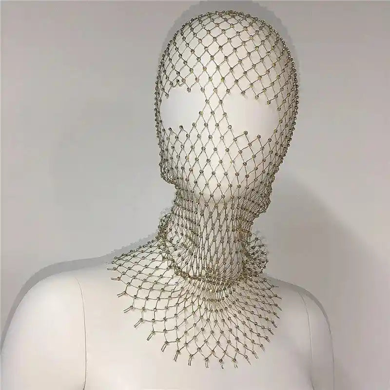 Elastic Balaclava Shiny Fishnet Rhinestone Turban Gold